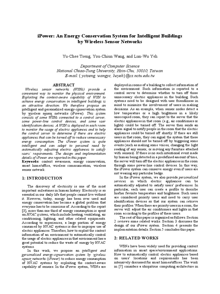 Intelligent Energy Conservation System | PDF | Wireless Sensor Network ...