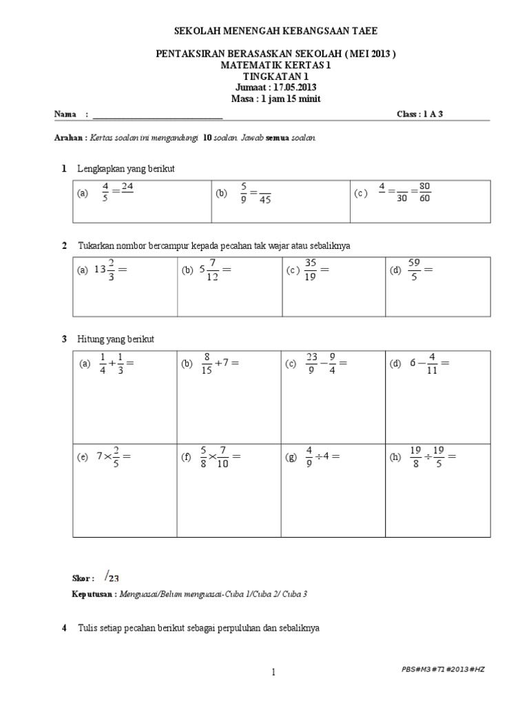 Soalan Matematik Matematik Tingkatan 1 2013 Pdf