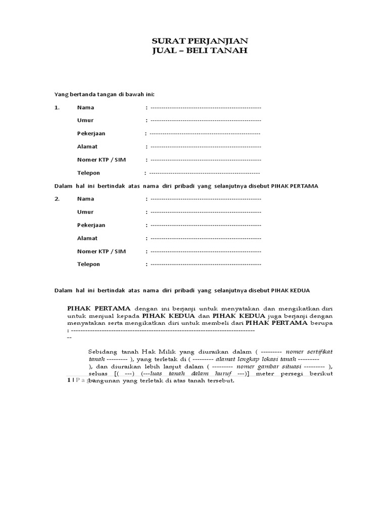 Surat Perjanjian Jual – Beli Tanah: PIHAK PERTAMA dengan ...