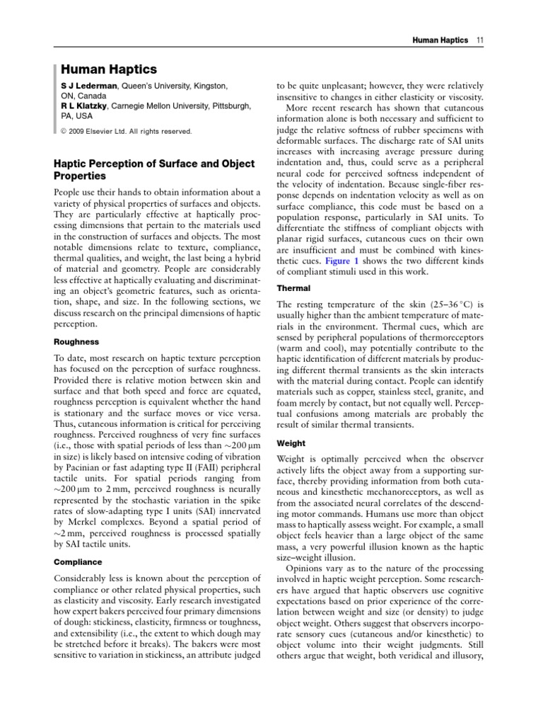 Human Haptics: Haptic Perception of Surface and Object Properties | PDF