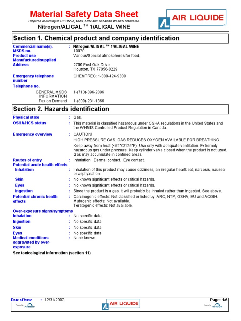 Nitrogen Msds Personal Protective Equipment Dangerous Goods Free