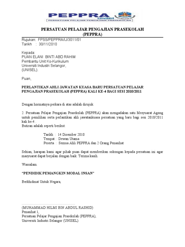 Contoh Surat Perlantikan Jawatan Enchik Mazli