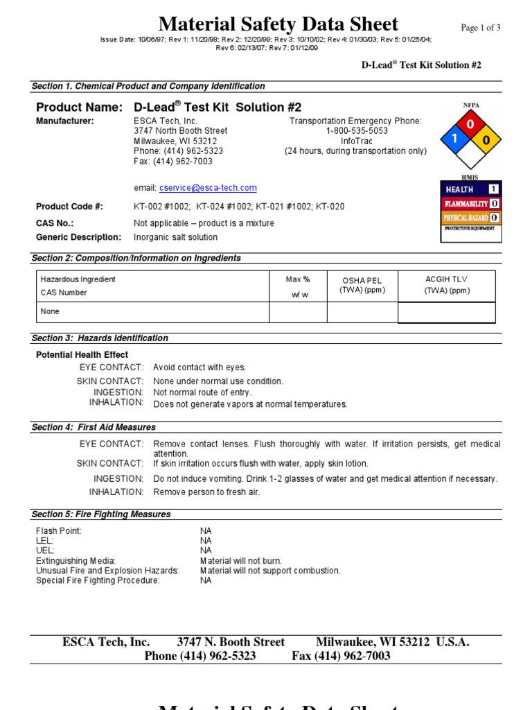 DLead Test Kit Soultion 2 Msds PDF Properties Of Water Water