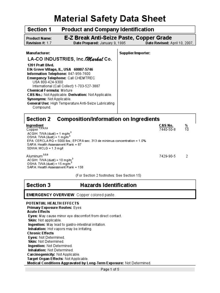 Ez Break Paste Copper Grade Msds Dangerous Goods Toxicity