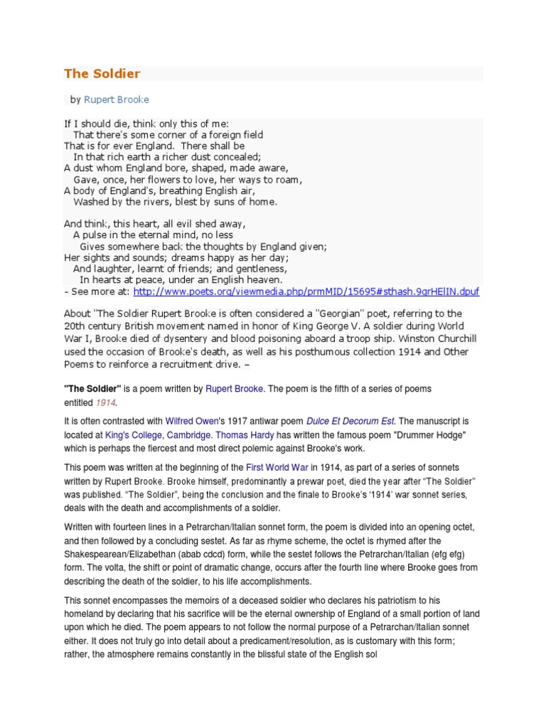 The Soldier by Rupert Brooke Literary Criticism Poetic Form