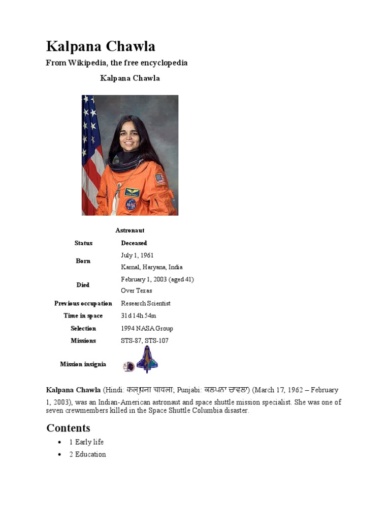 Kalpana Chawla | PDF | Nasa Programs | Spaceflight, image size:768x1024