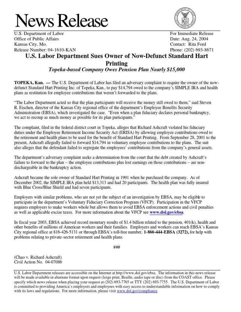 Labor Department Sues Standard Hart Owner | PDF | Employment | Economies