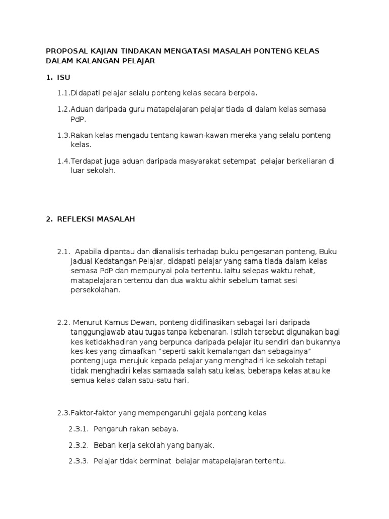 Proposal Kajian Tindakan Mengatasi Masalah Ponteng Kelas Dalam Kalangan Pelajar Pdf