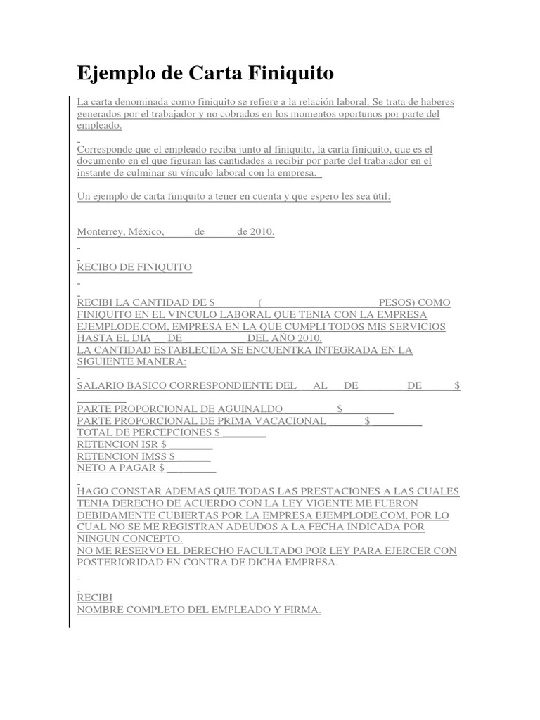 Ejemplo de Carta Finiquito