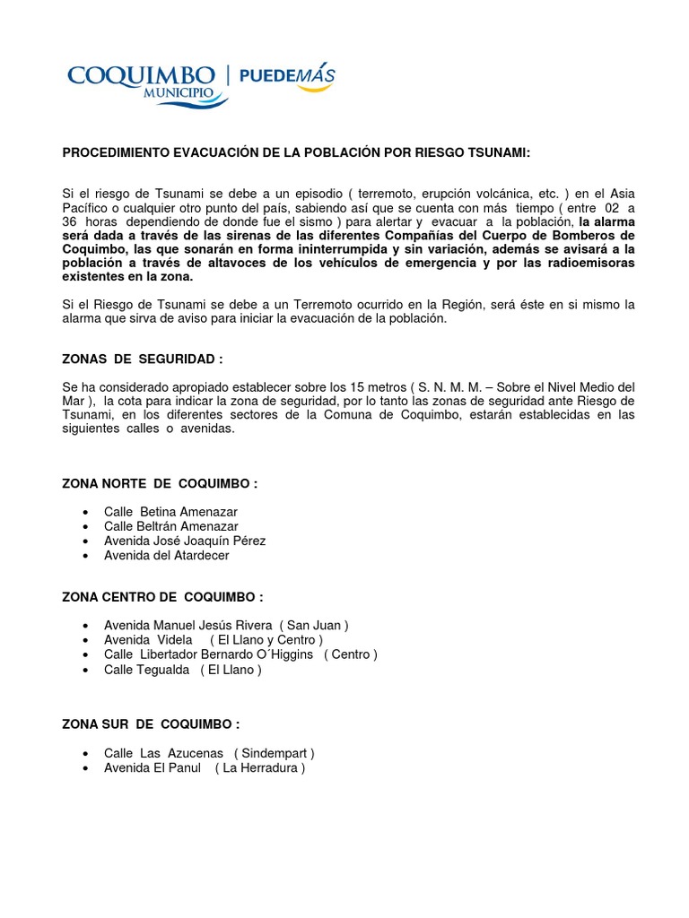 Procedimiento de Evacuación por Tsunami | PDF | Tsunami | Desastres y ...
