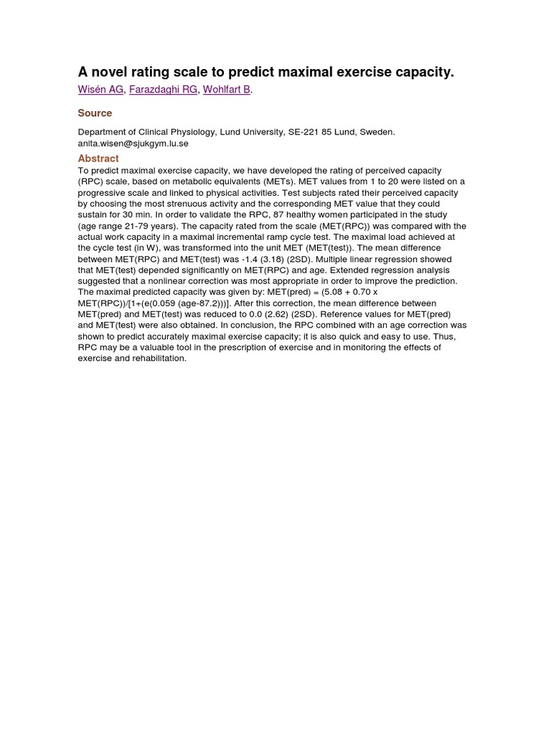 Novel RPC Scale for Maximal Exercise Prediction | PDF | Teaching ...