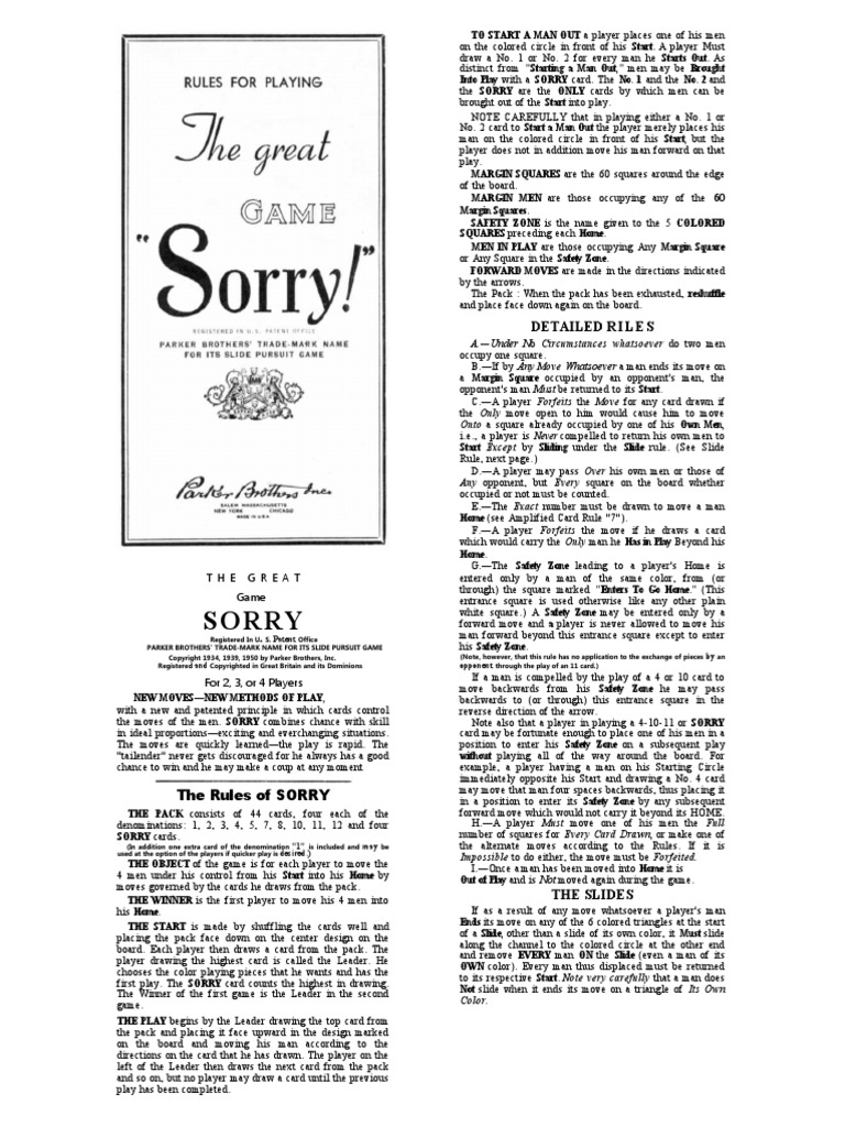 Sorry Rules Pdf Playing Cards Games Of Chance