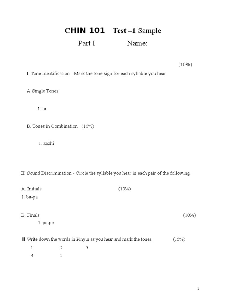 CHIN 101 Tone and Sound Test Sample | PDF