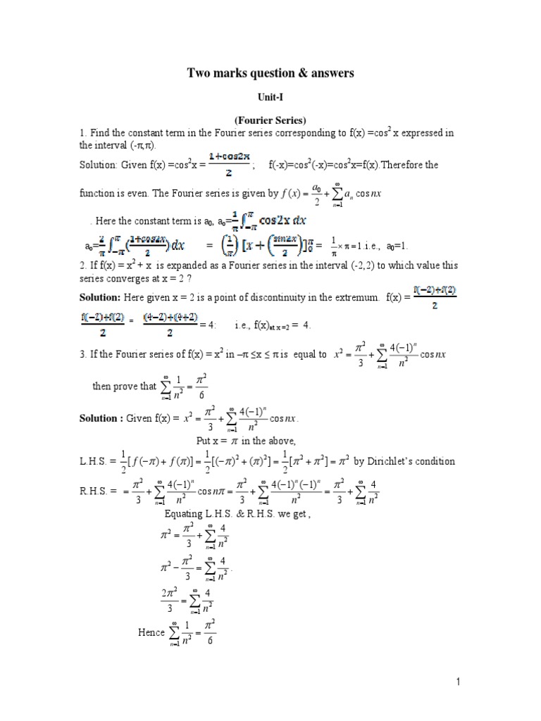 Fourier Series Questions and Solutions | PDF | Fourier Series ...