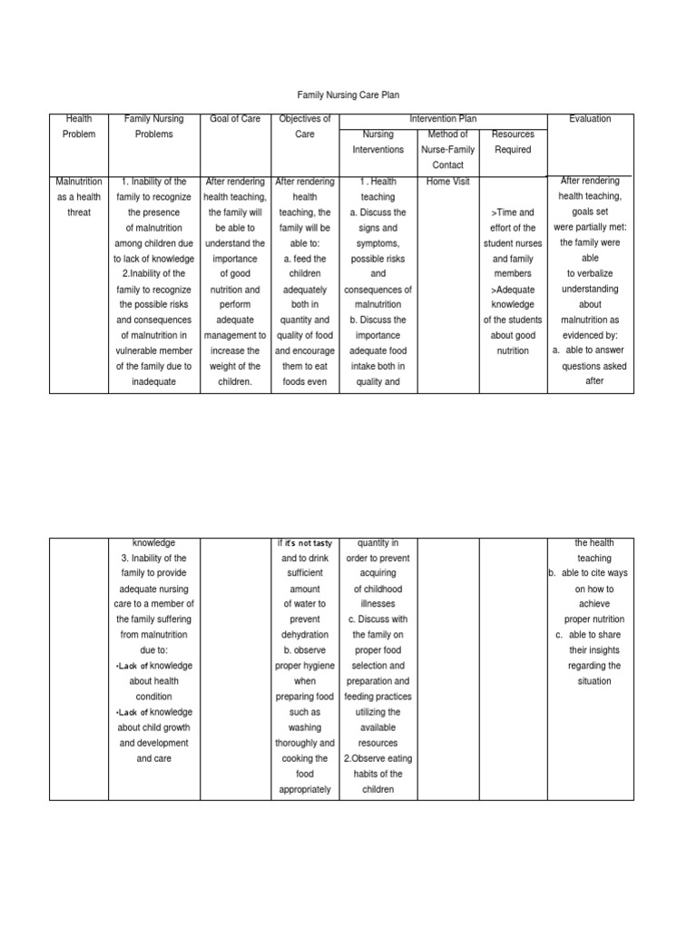Family Nursing Care Plan Malnutrition Hygiene