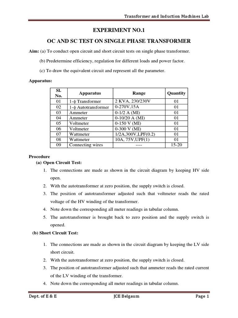 Open and Short Circuit Tests on Transformers | PDF | Transformer ...