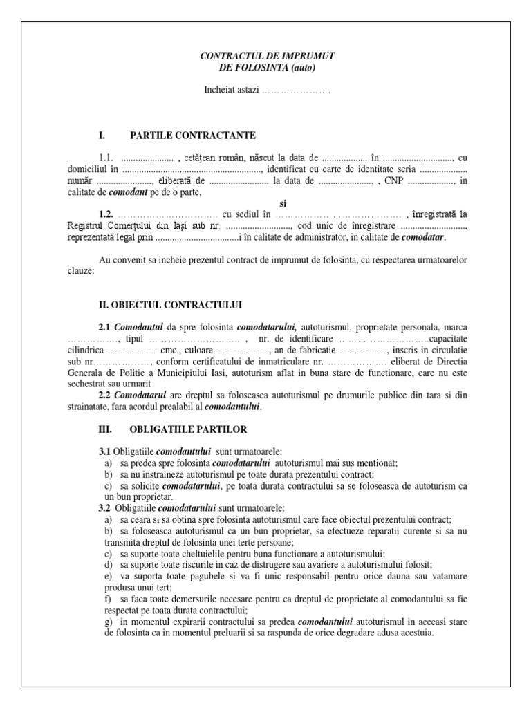 Contract de Comodat Auto | PDF