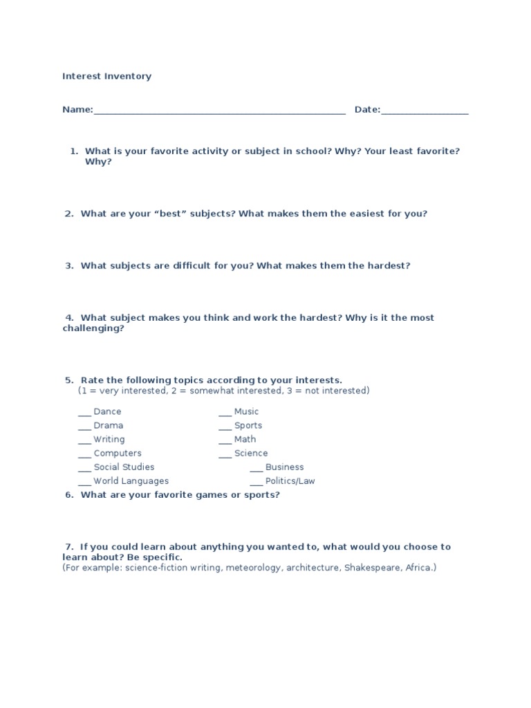 Student Interest Survey PDF Cognition Communication