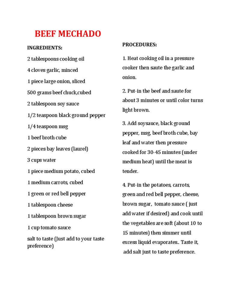 Beef Mechado Ingredients Procedures PDF Tomato Sauce Beef
