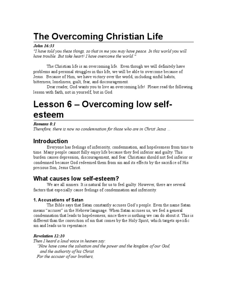 Overcoming low self esteem bible study lesson pdf grace in