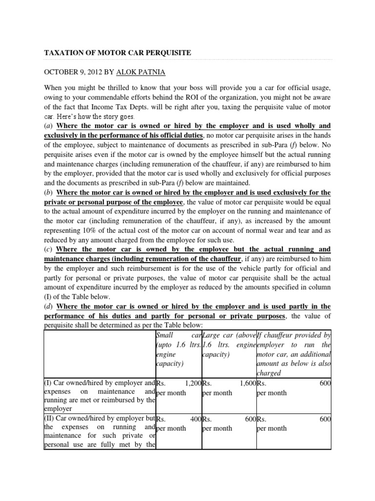 Taxation of Motor Car Perquisite PDF Employee Benefits Expense