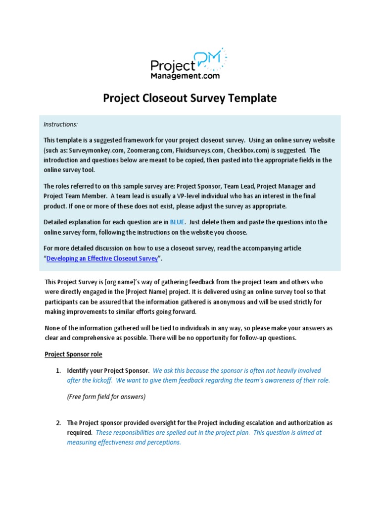 Project Closeout Survey Template | PDF | Survey Methodology | Perception