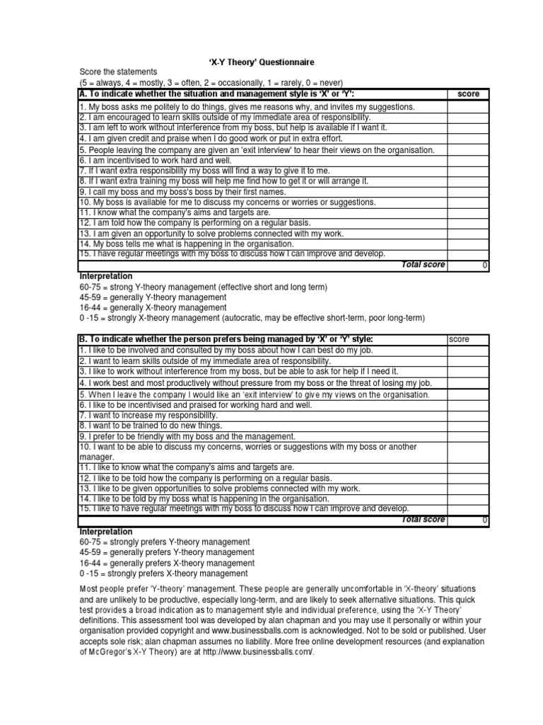 X-Y Theory' Questionnaire: Total Score | PDF