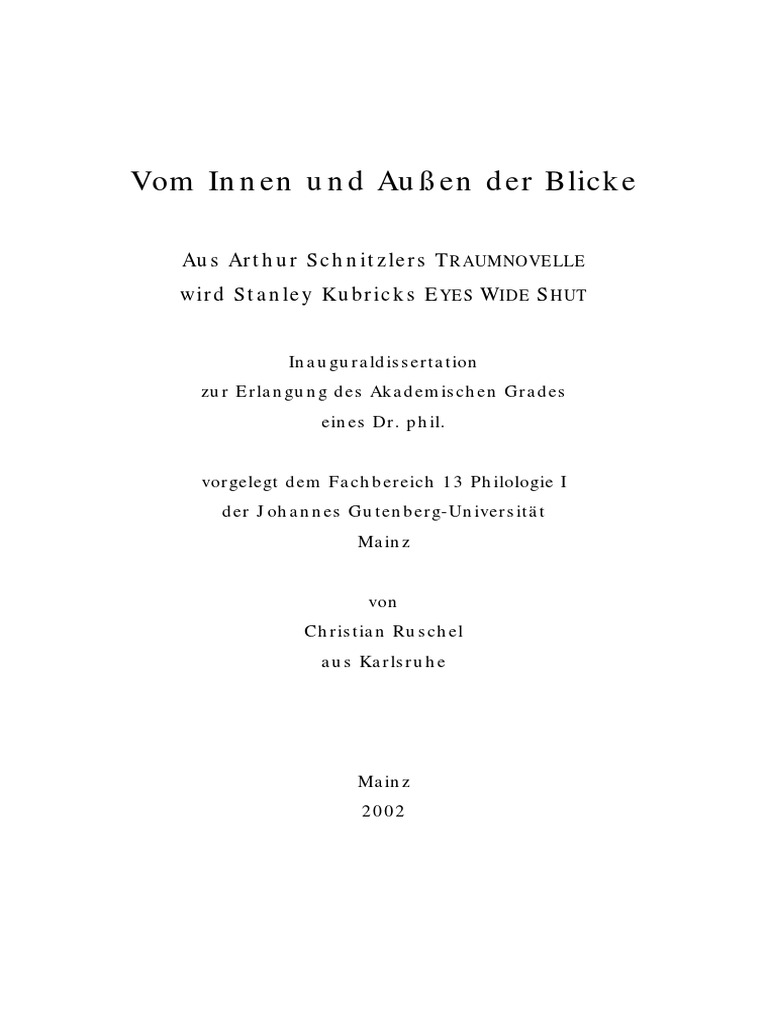 Vom Innen und Außen der Blicke Aus Arthur Schnitzlers TRAUMNOVELLE wird Stanley Kubricks EYES WIDE SHUT