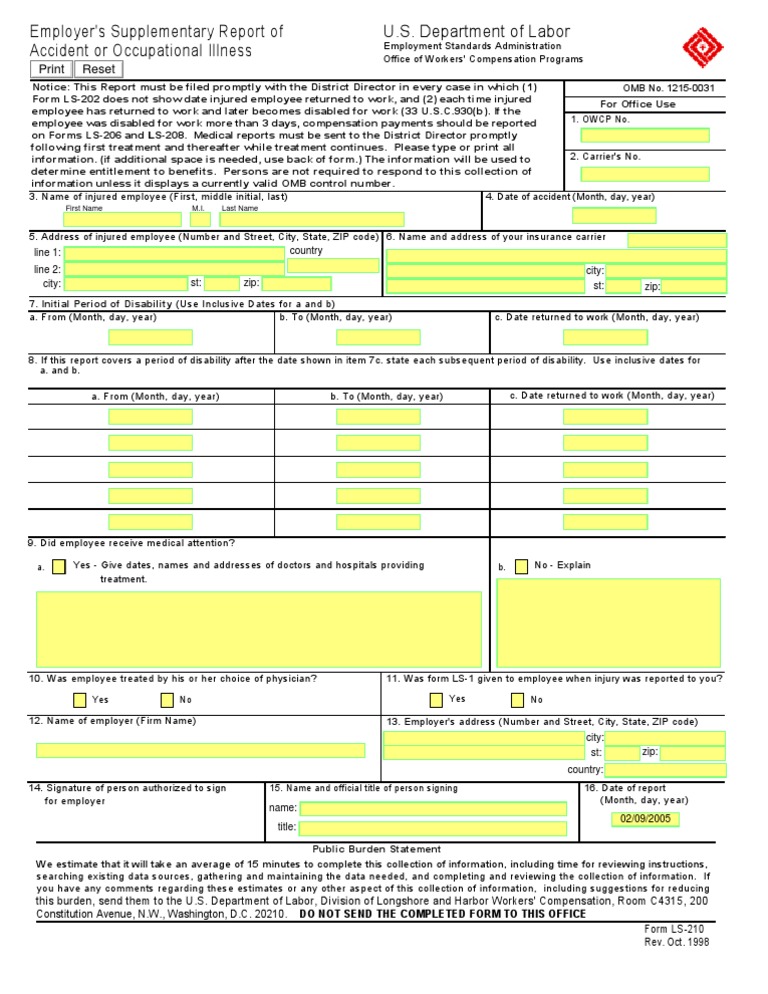 Department of Labor ls210 Workers' Compensation Employment
