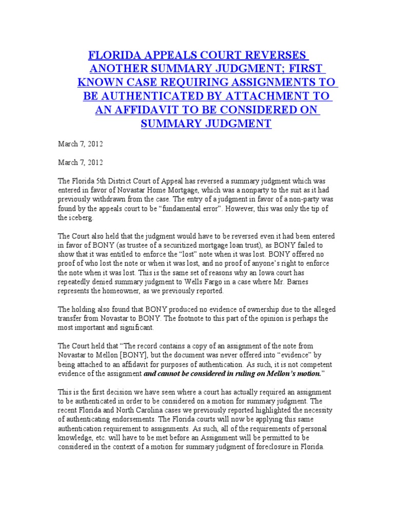 Florida Appeals Court Reverses Another Summary Judgment Motion In United States Law Judgment