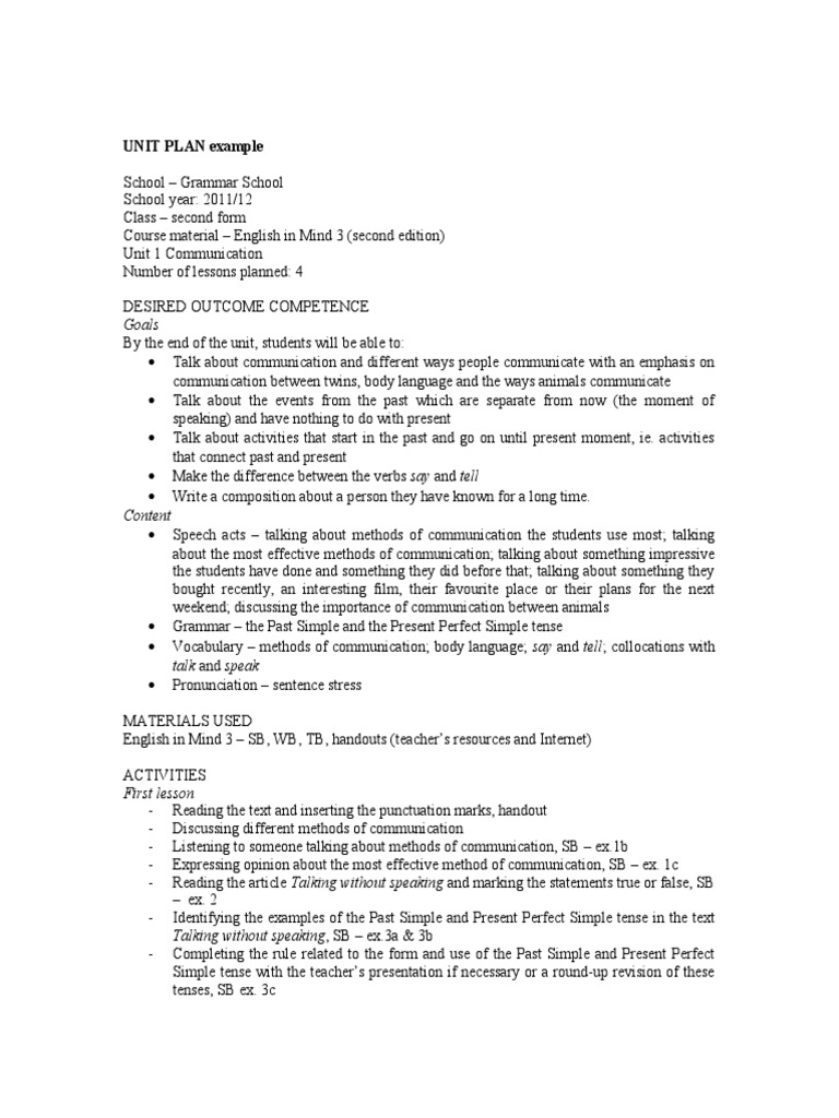 UNIT PLAN Example: Goals | PDF | English Language | Vocabulary
