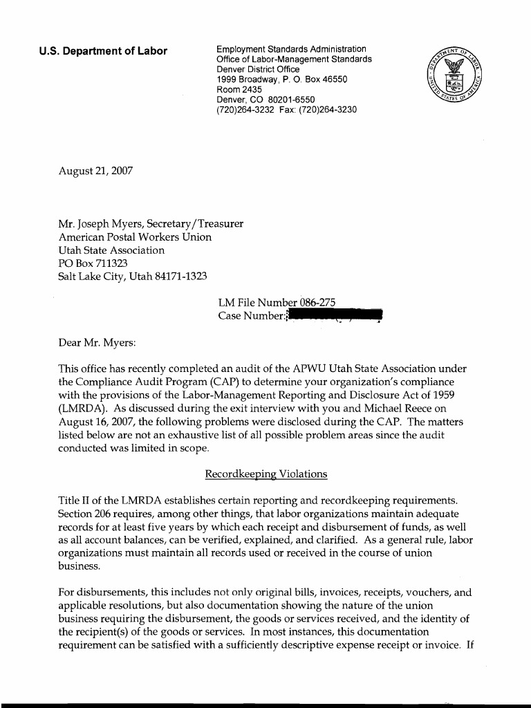 Department of Labor: APWU 08-21-07 | PDF | Receipt | Records Management