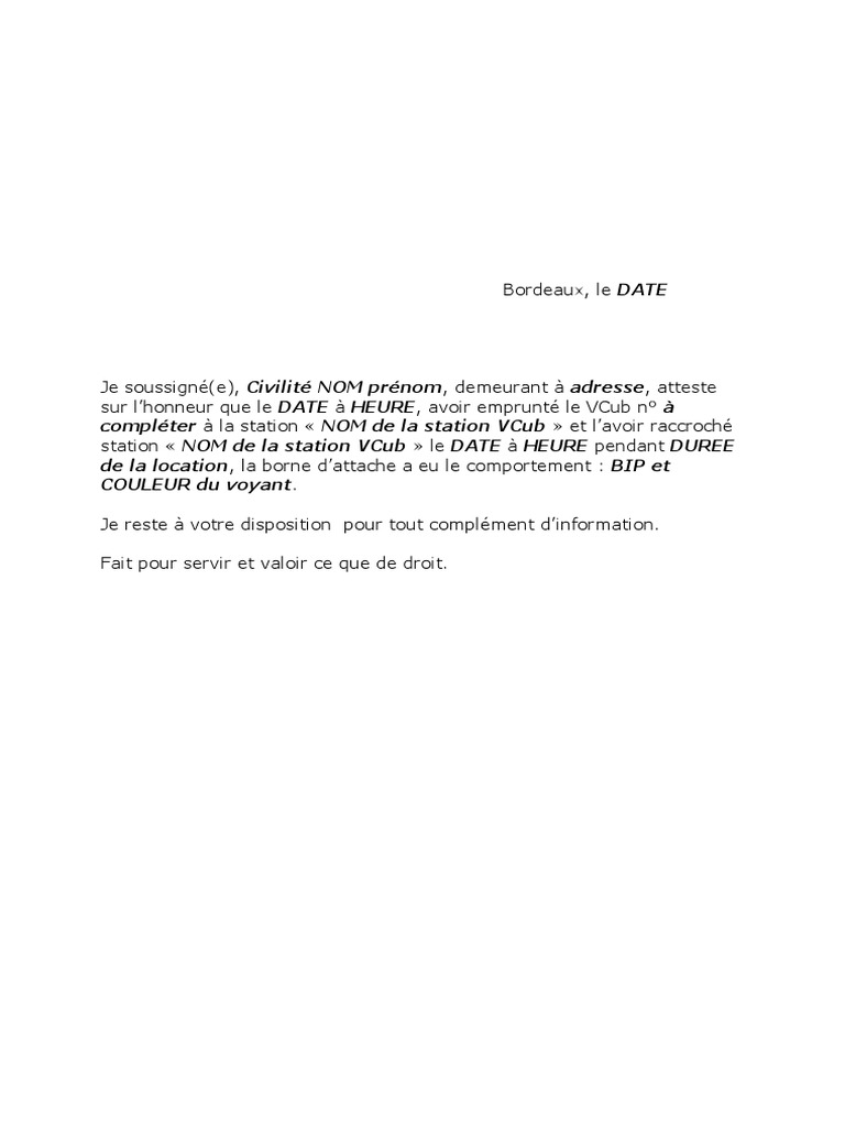 Attestation Sur L'honneur Lettre Type PDF