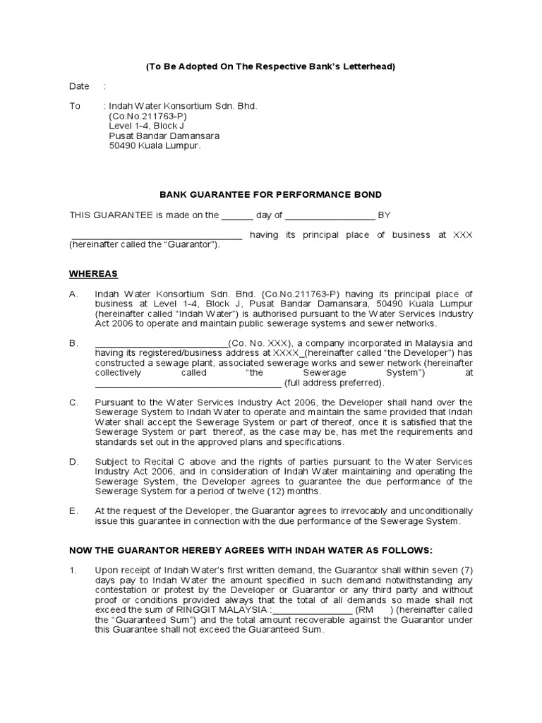 Bank Guarantee For Performance Bond PDF Guarantee Sanitary Sewer