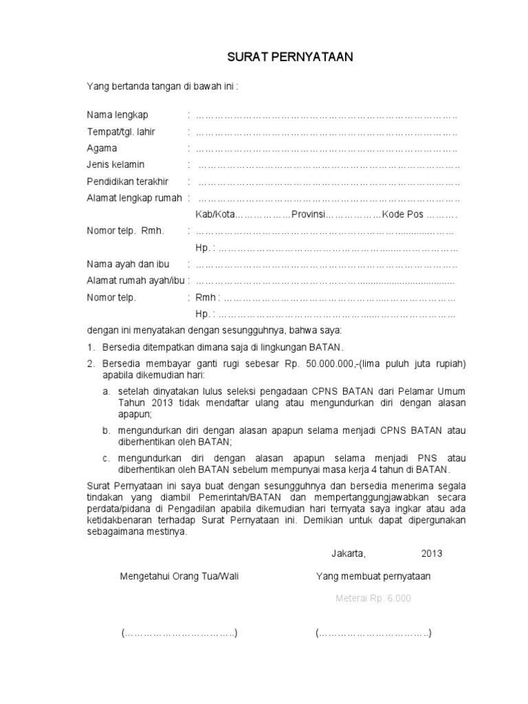 Surat Pernyataan Bersedia Membayar Ganti Rugi
