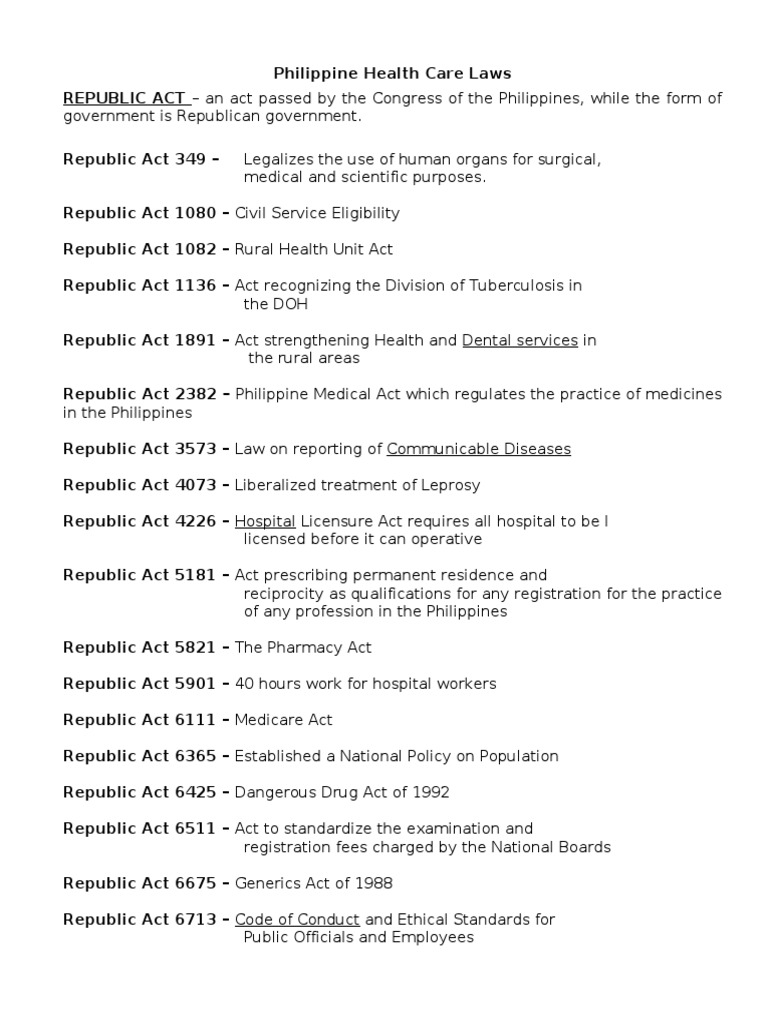 Philippine Laws Governing Health Care PDF Licensure Health