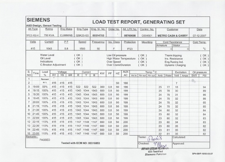 Siemens Genset Load Test Report | PDF | Technology & Engineering