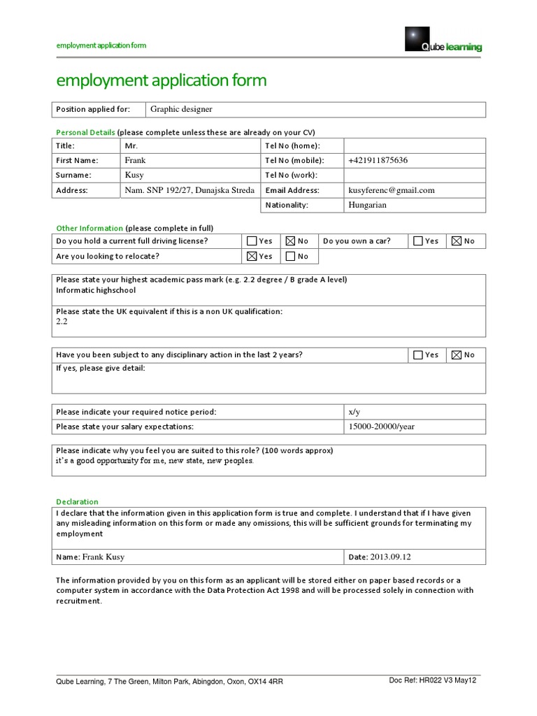 HR022 Application Form V3 May12 | PDF | Career & Growth