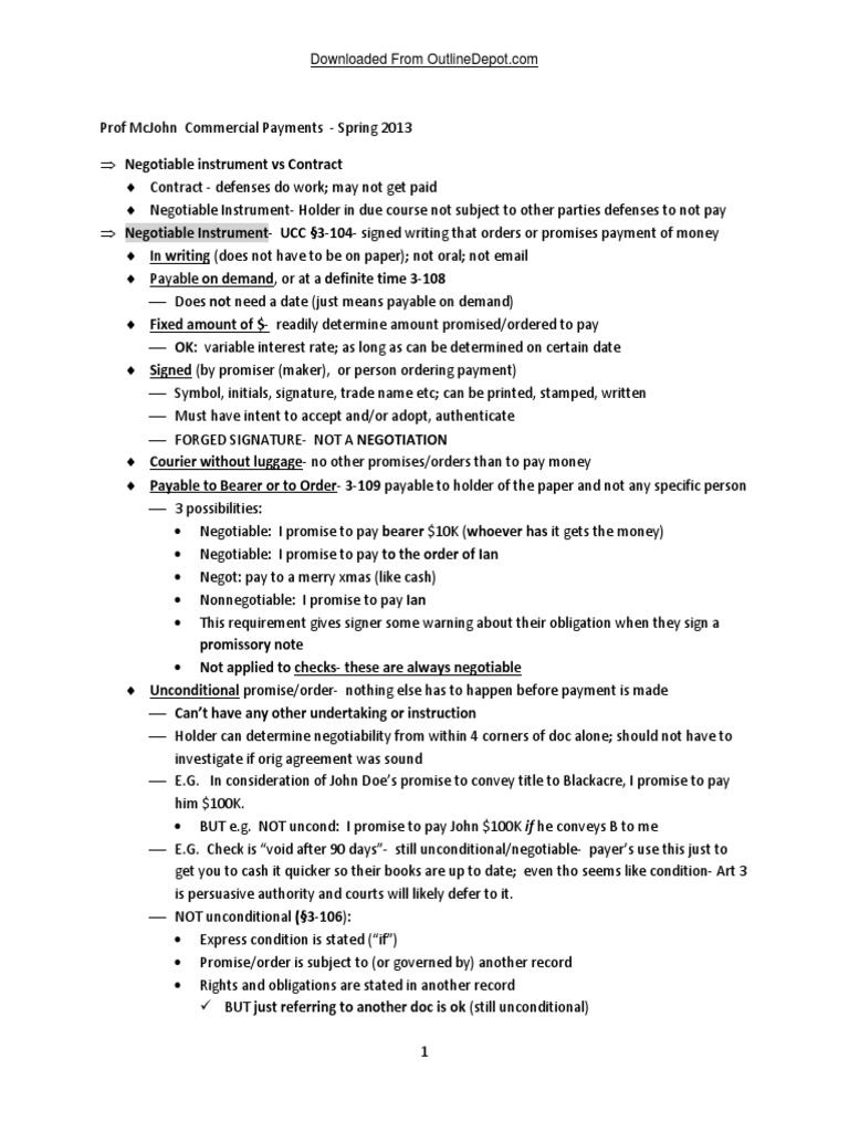 Commercial Paper Outline Negotiable Instrument Cheque