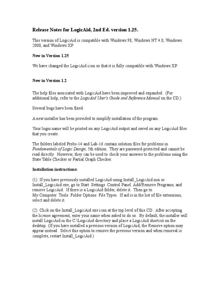 LogicAid 1.25 Release Notes | PDF