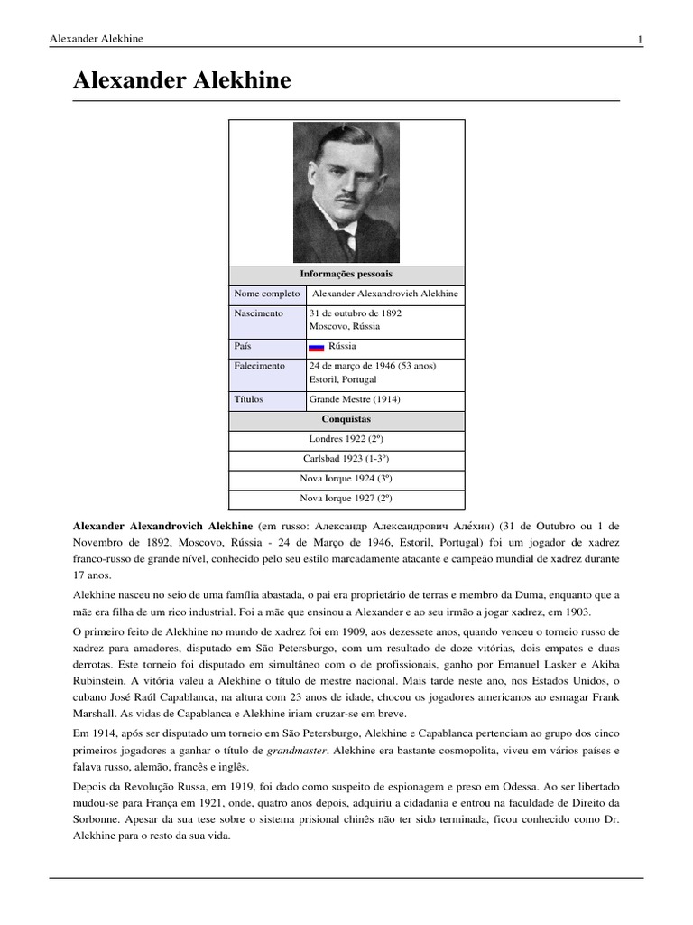 Alexander Alekhine - Biografia - Wikipedia, PDF, Jogos competitivos