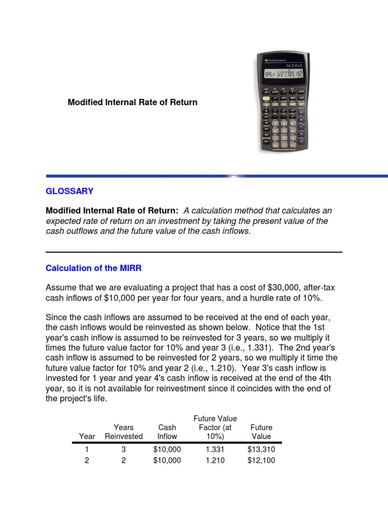 Modified Internal Rate Of Return Internal Rate Of Return Applied