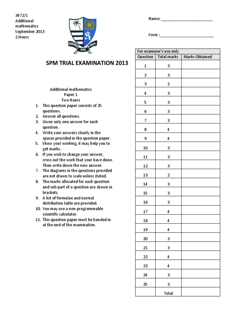 Trial Spm p1 Smk St Anthony 2013  Angle  Quadratic Equation