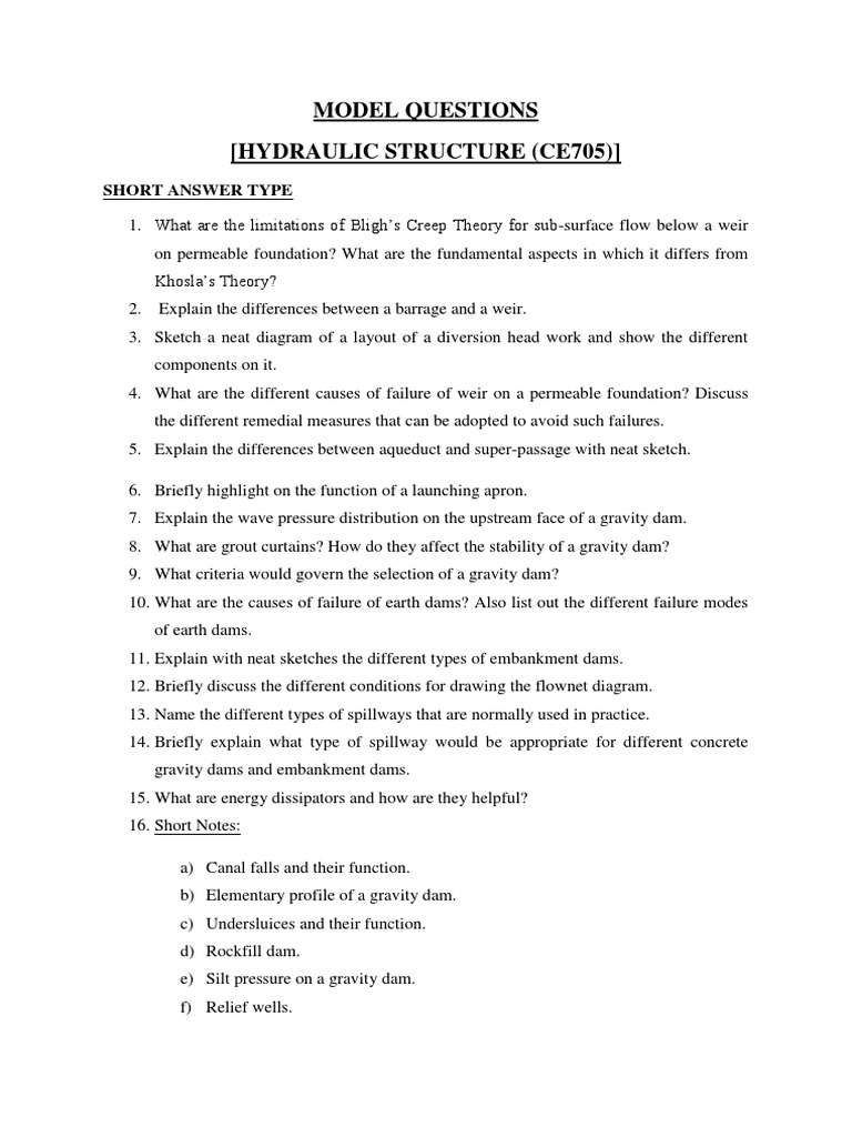 Hydraulic Structures Model Questions | PDF | Spillway | Dam