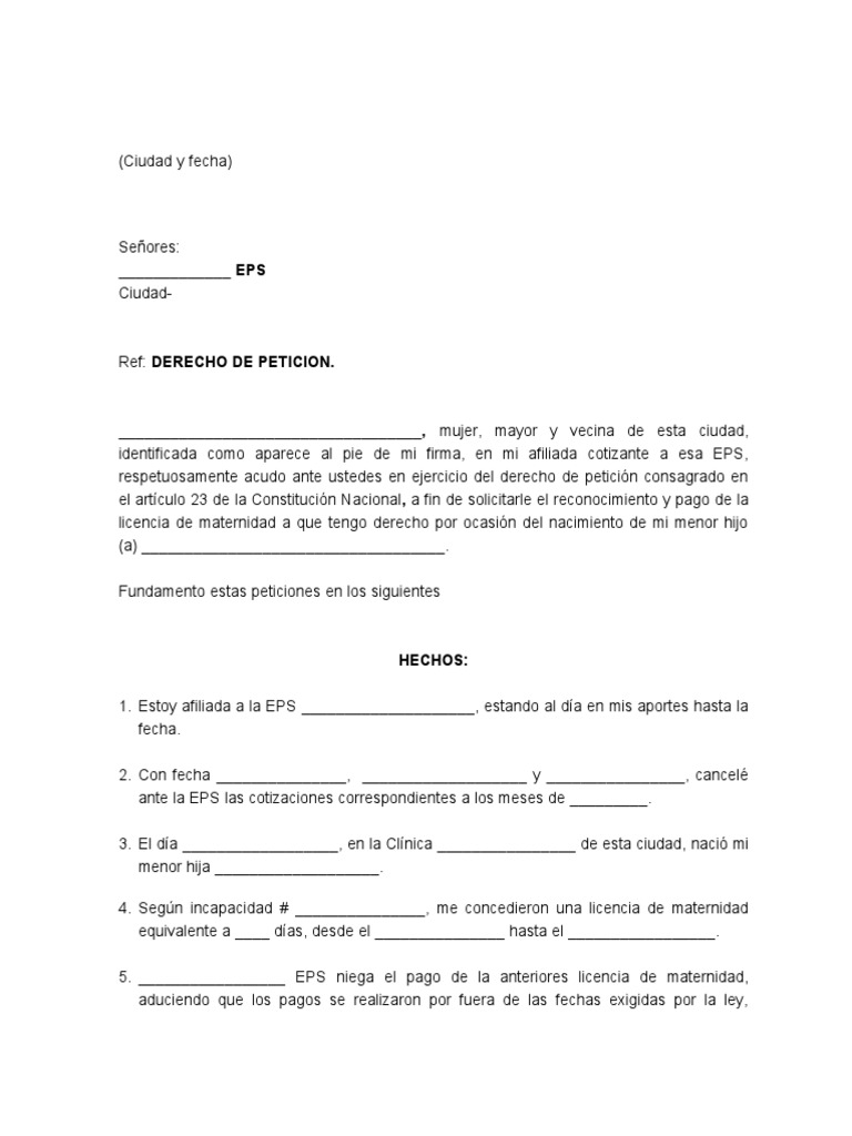 Modelo+Derecho+de+Petición+licencia+maternidad