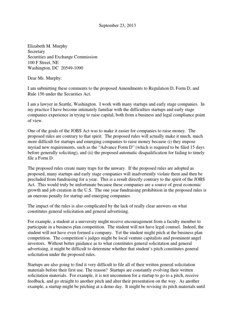 Comment Letter to the SEC on the Proposed Regulation D and Form D Rules