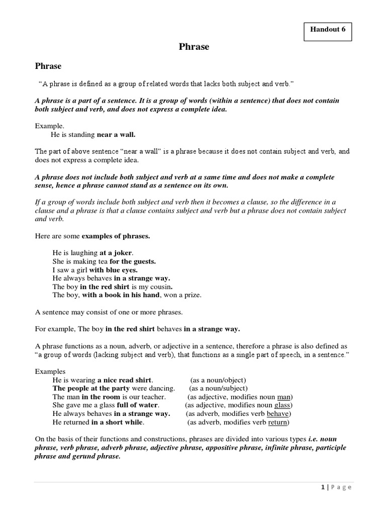 Phrase Handout 6 Exercises Pdf Adverb Verb