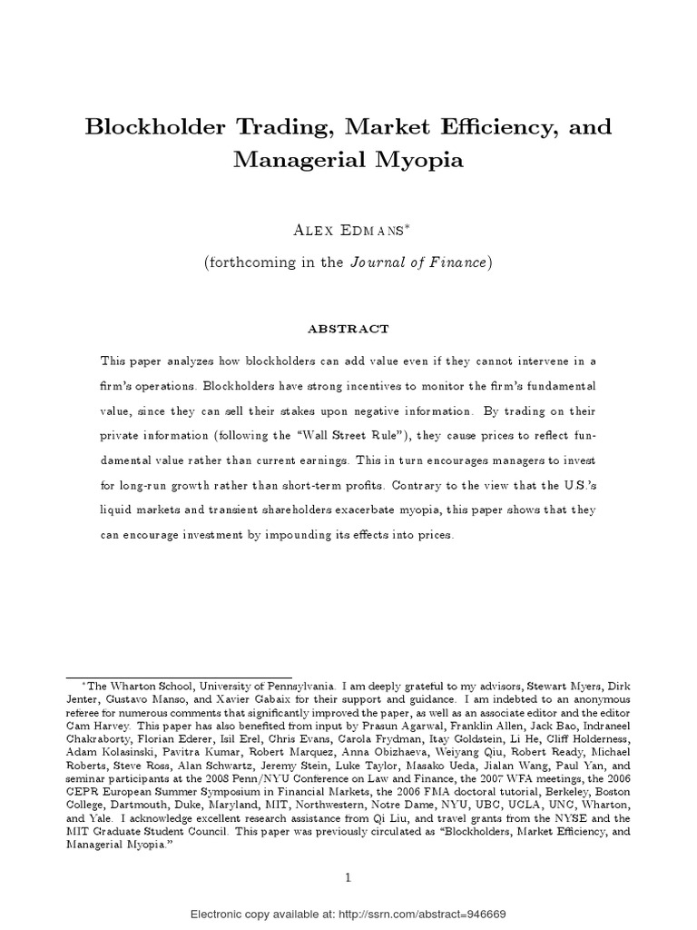 Blockholders and Managerial Myopia Solutions | PDF | Market Liquidity ...