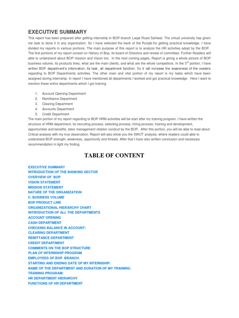Executive Summary: Table of Content | PDF | Banks | Employment