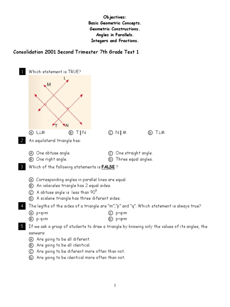 (C1) 2012 Trimester2 Test # 1 7th Grade | PDF | Triangle | Algebra